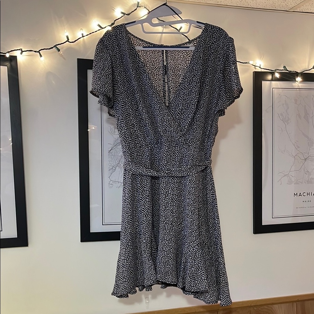Black and White Flutter Sleeve Mini Wrap Dress